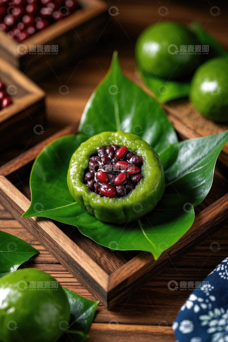 高清大图下载【趣麦麦图】青团红豆馅特写