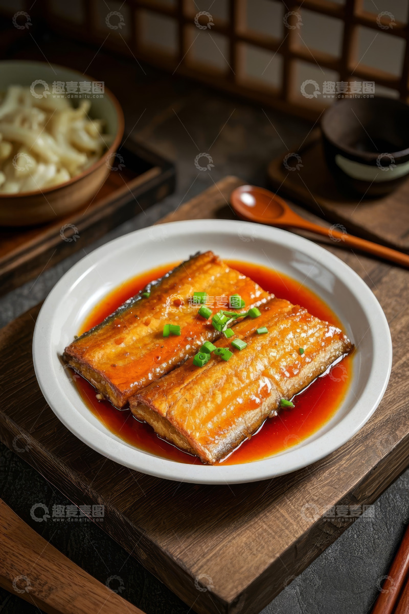 高清大图下载【趣麦麦图】盘中红烧鲅鱼配葱花