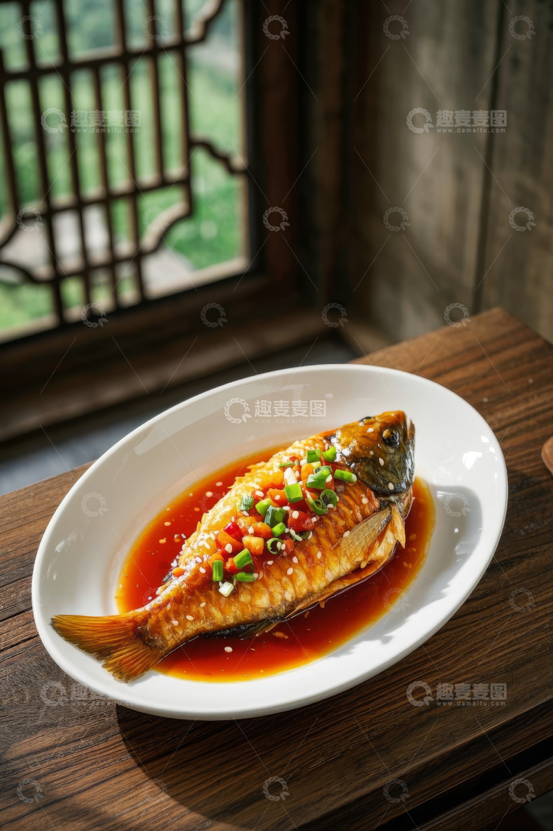 高清大图下载【趣麦麦图】中式盘装红烧鱼美食特写