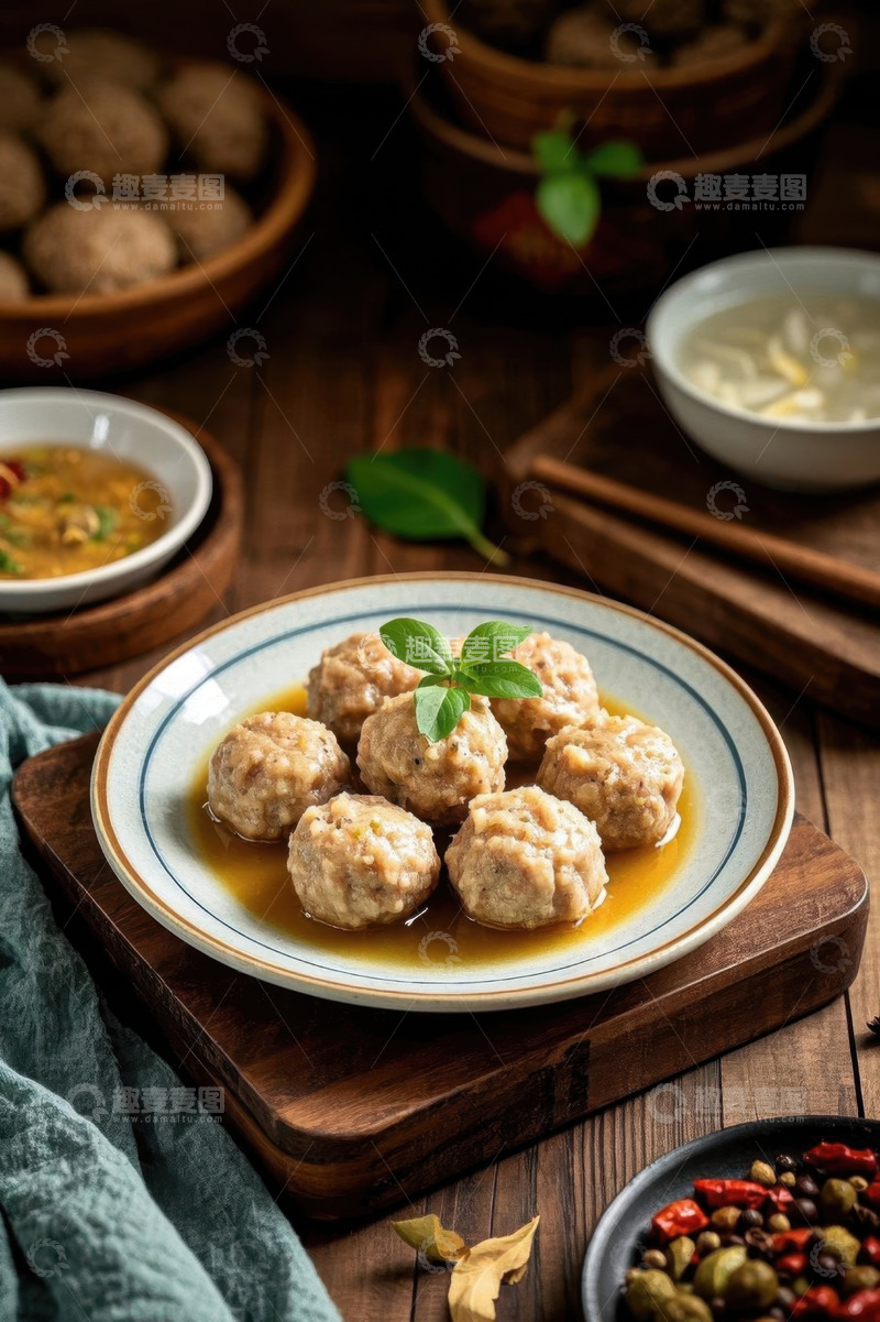 高清大图下载【趣麦麦图】木桌上摆盘精致的肉丸菜肴
