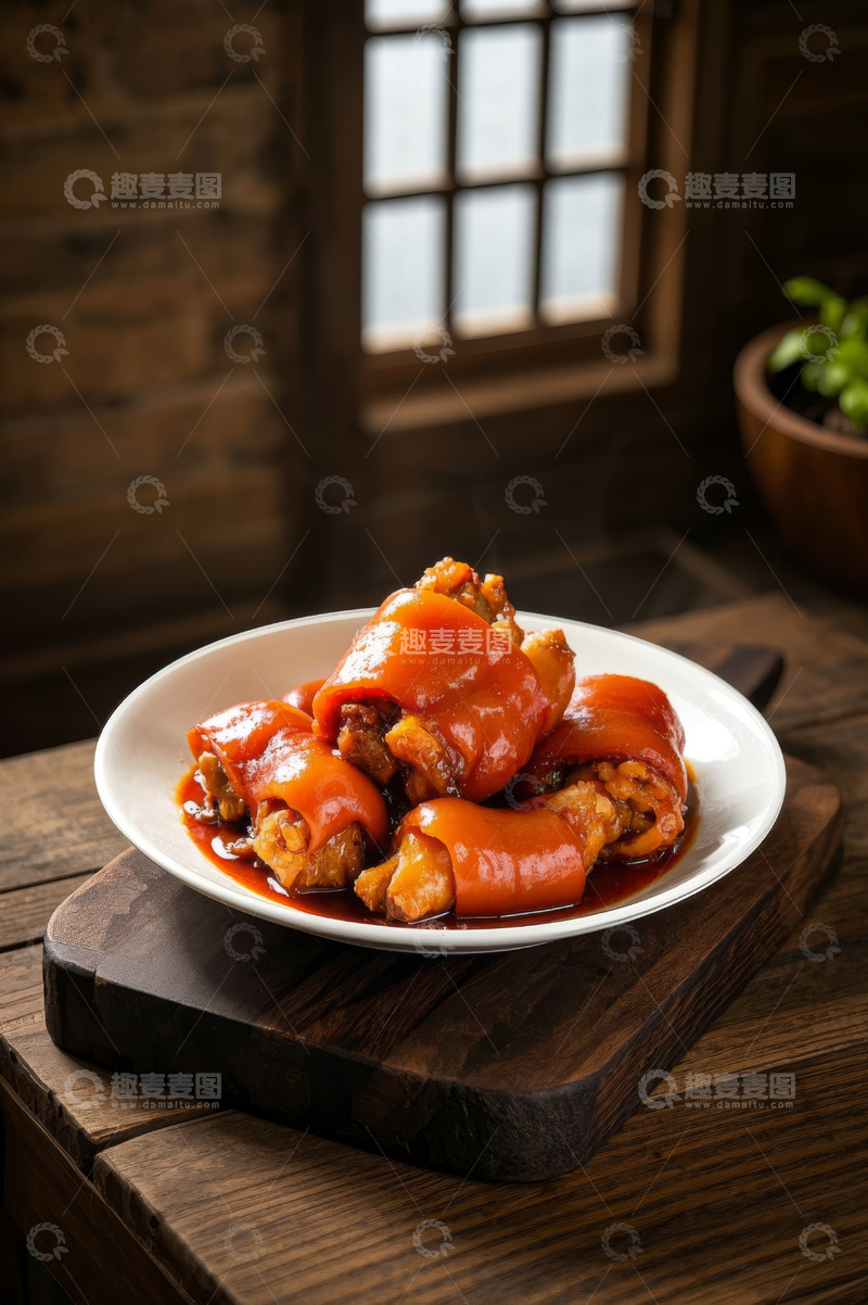 高清大图下载【趣麦麦图】木桌上白盘内的红烧猪蹄