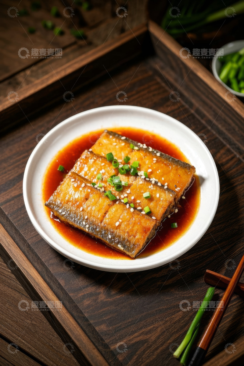高清大图下载【趣麦麦图】木盘白盘装盛红烧带鱼
