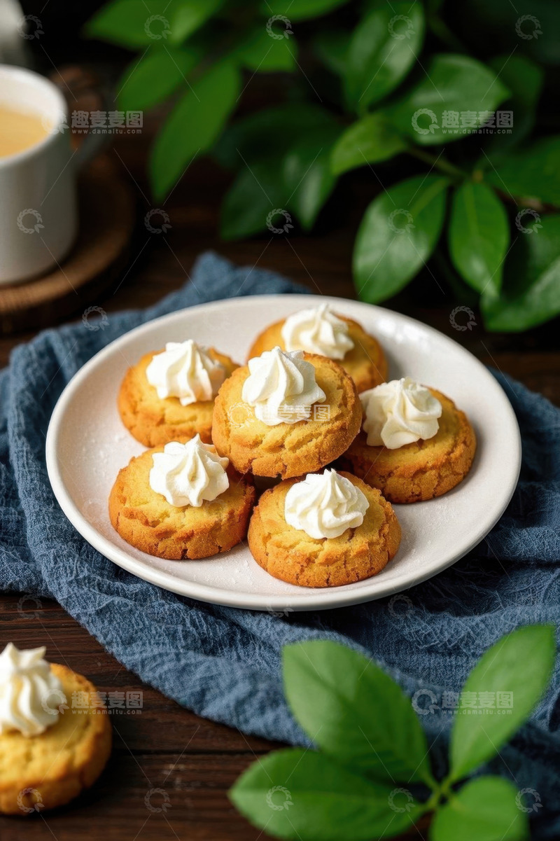 高清大图下载【趣麦麦图】木桌上的奶油饼干与茶饮