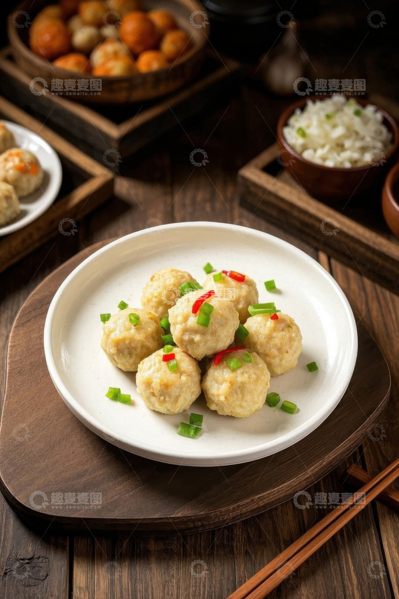 高清大图下载【趣麦麦图】中式木桌摆盘的美味肉丸