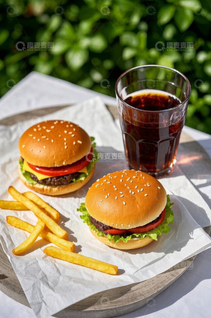 高清大图下载【趣麦麦图】户外摆放的汉堡薯条与饮料