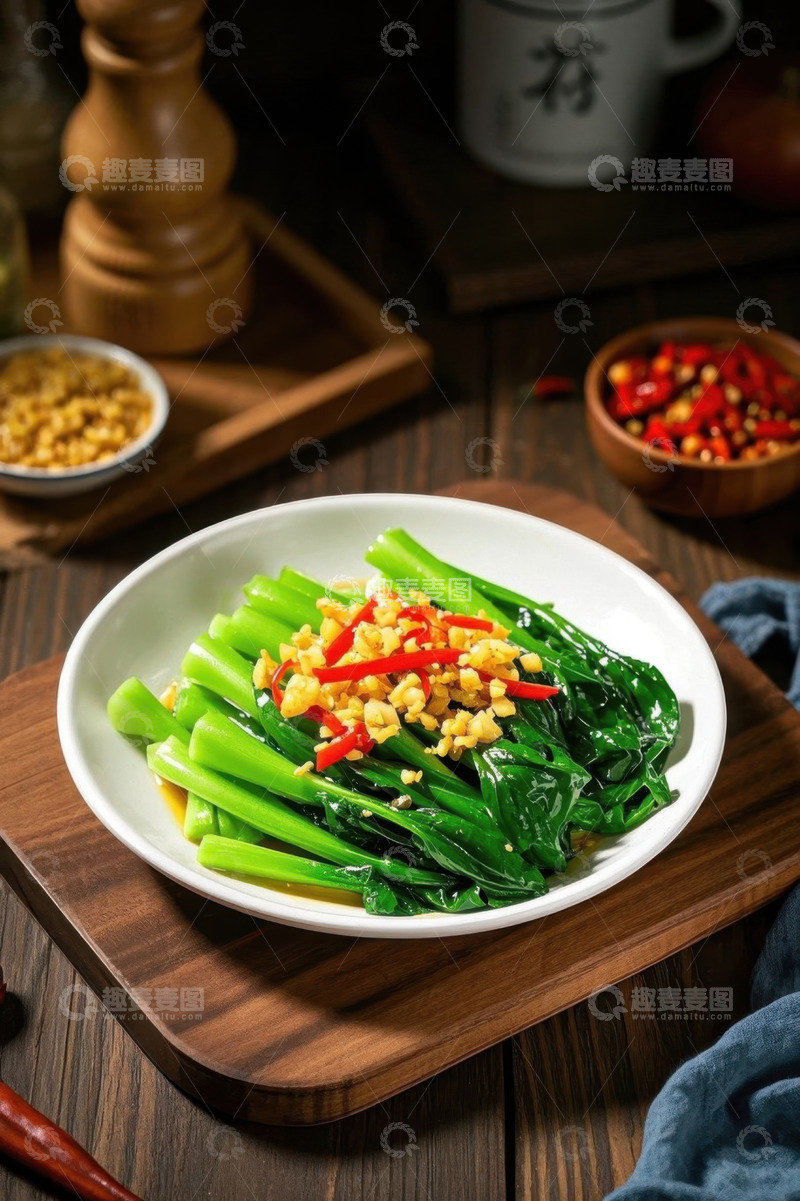 高清大图下载【趣麦麦图】蒜蓉辣椒炒青菜美食特写