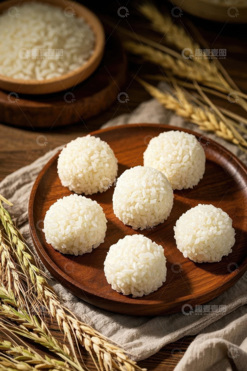 高清大图下载【趣麦麦图】木盘上摆放的白糯米团子