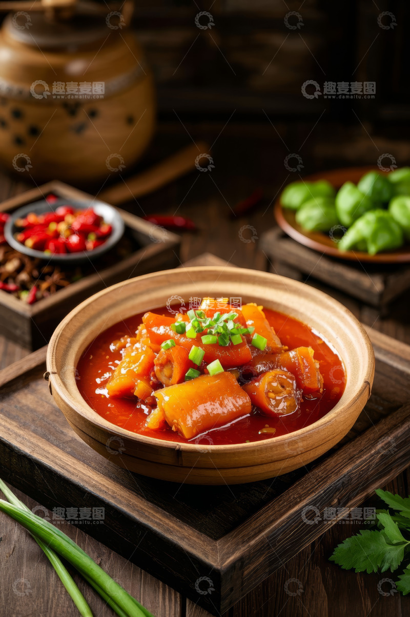 高清大图下载【趣麦麦图】木盘上的红烧猪尾菜肴