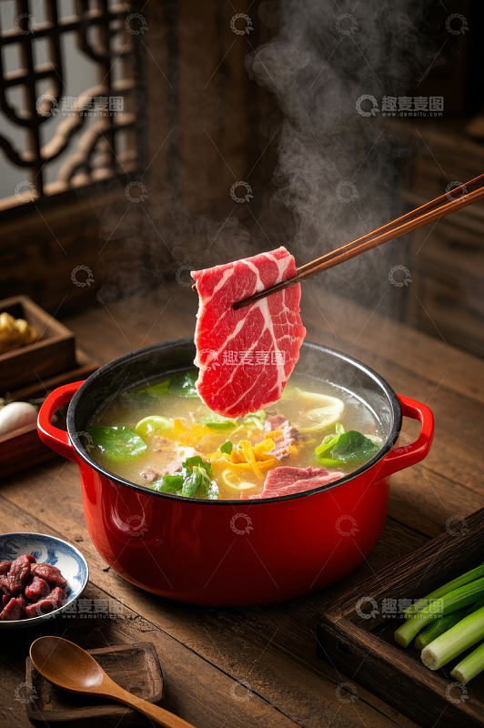 筷子夹涮牛肉片火锅场景
