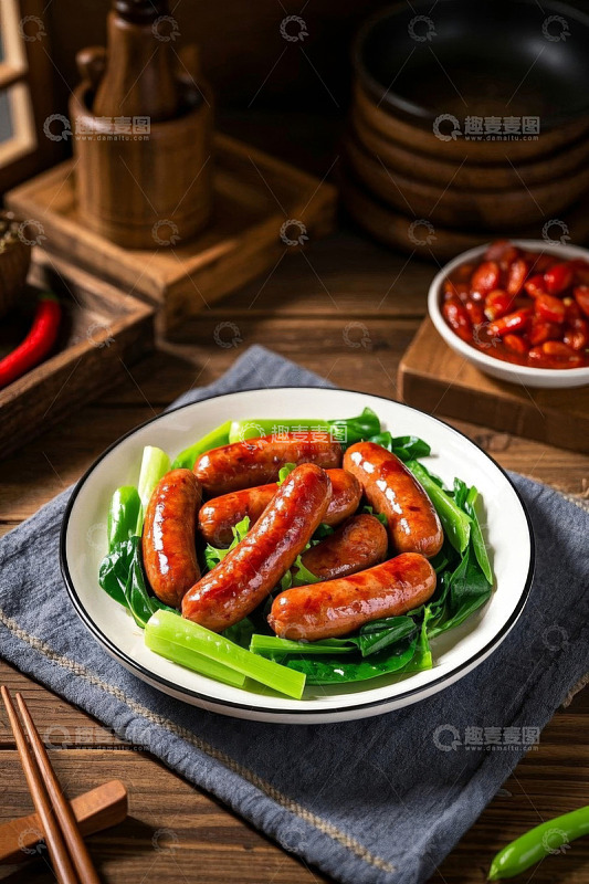 木桌摆盘的青菜与香肠