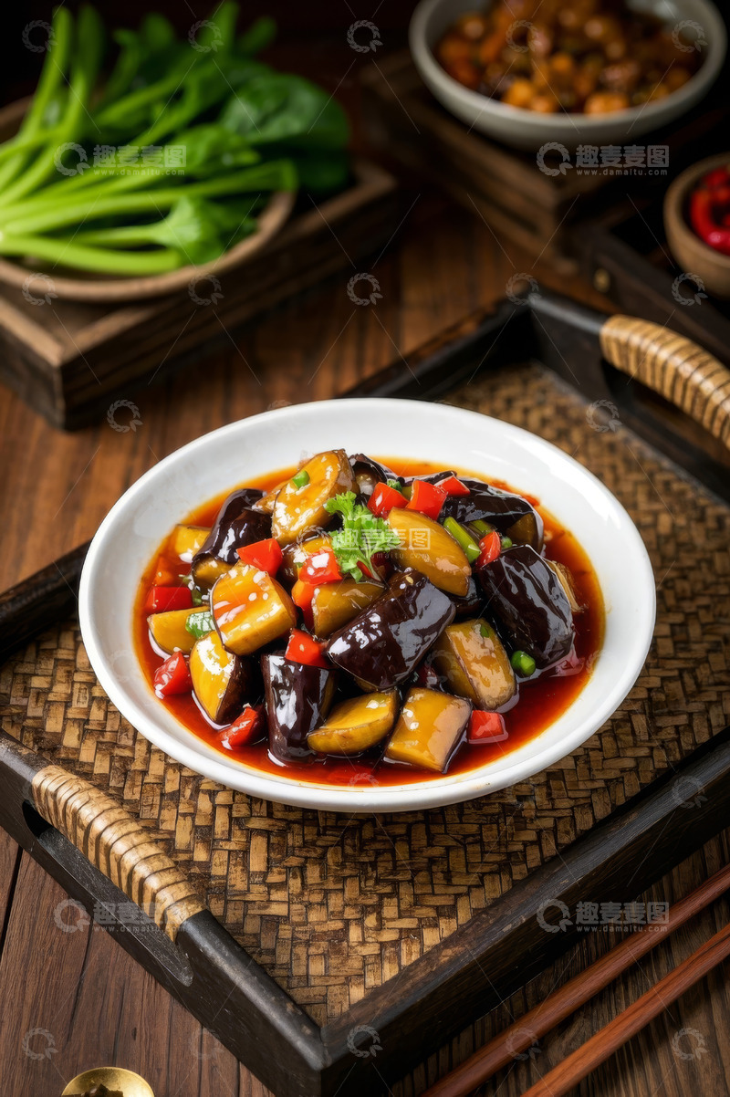 高清大图下载【趣麦麦图】中式菜肴茄子摆盘特写