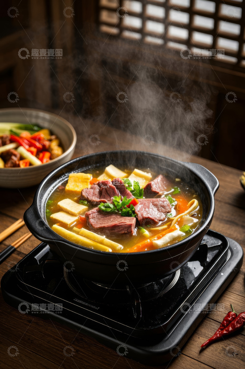 高清大图下载【趣麦麦图】热气腾腾的牛肉火锅美食