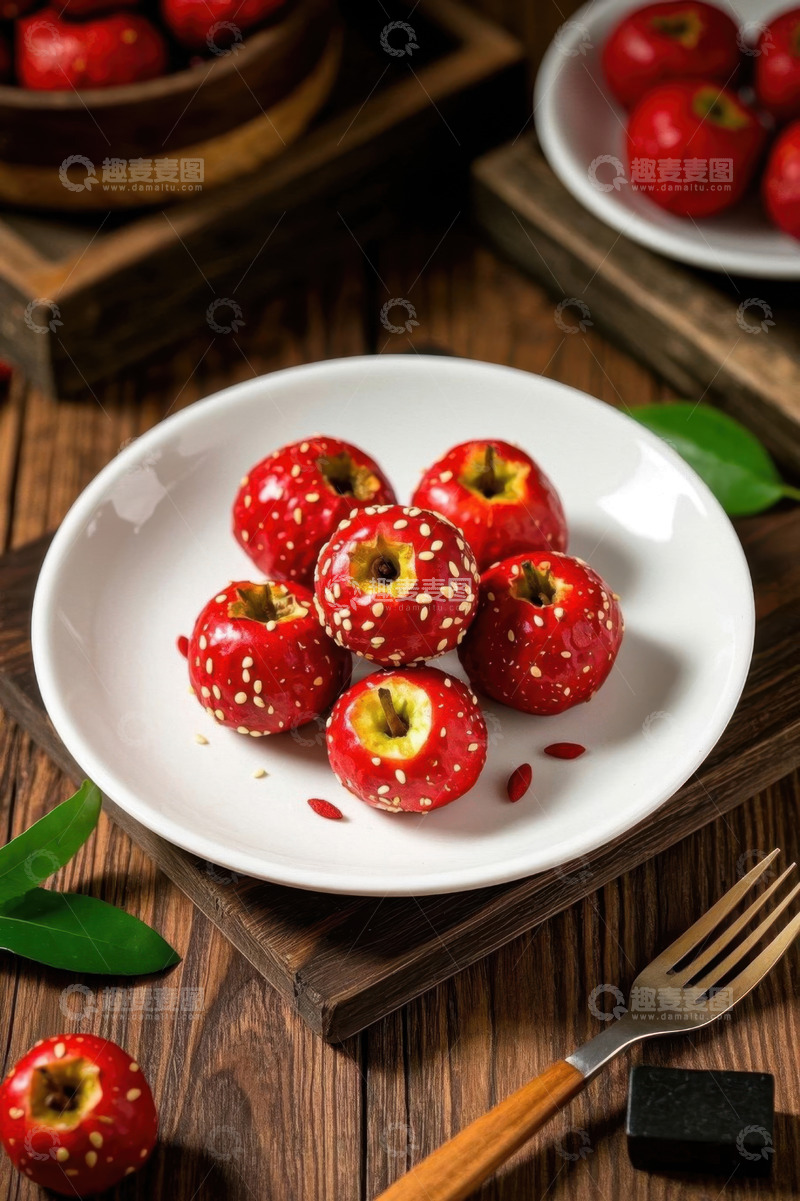 高清大图下载【趣麦麦图】木桌上盘子中的红色水果