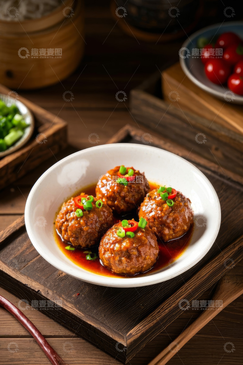高清大图下载【趣麦麦图】木盘上瓷碗装的红烧狮子头