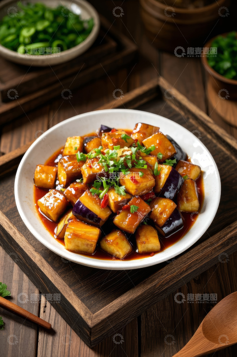 高清大图下载【趣麦麦图】木盘装红烧茄子菜品
