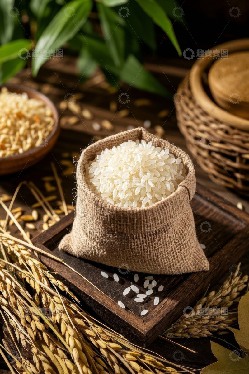 高清大图下载【趣麦麦图】麻袋中装满的优质大米