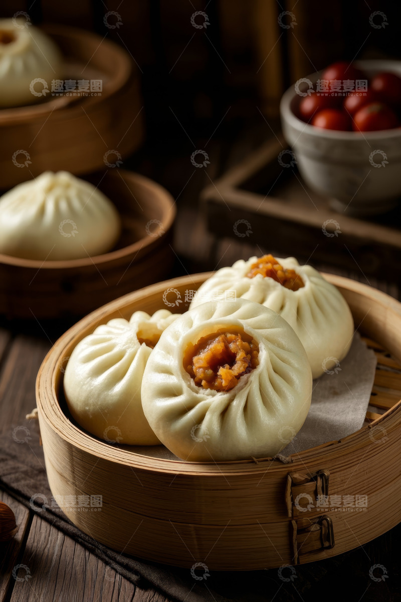 高清大图下载【趣麦麦图】竹蒸笼内的美味包子特写