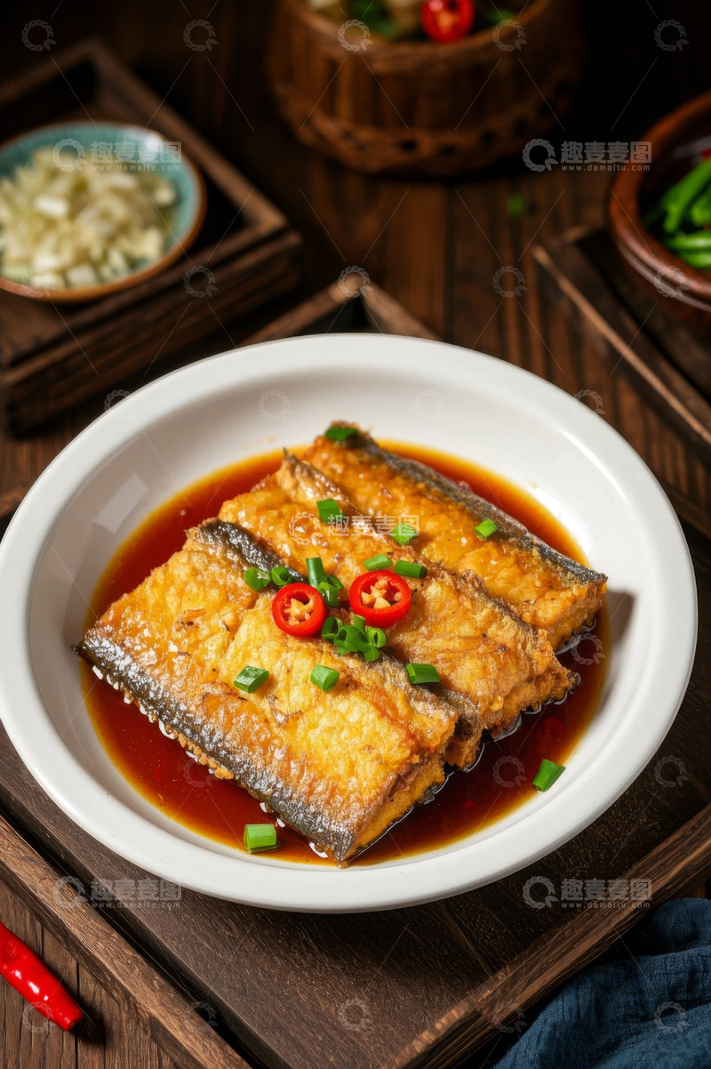 高清大图下载【趣麦麦图】盘中红烧鱼配葱花辣椒