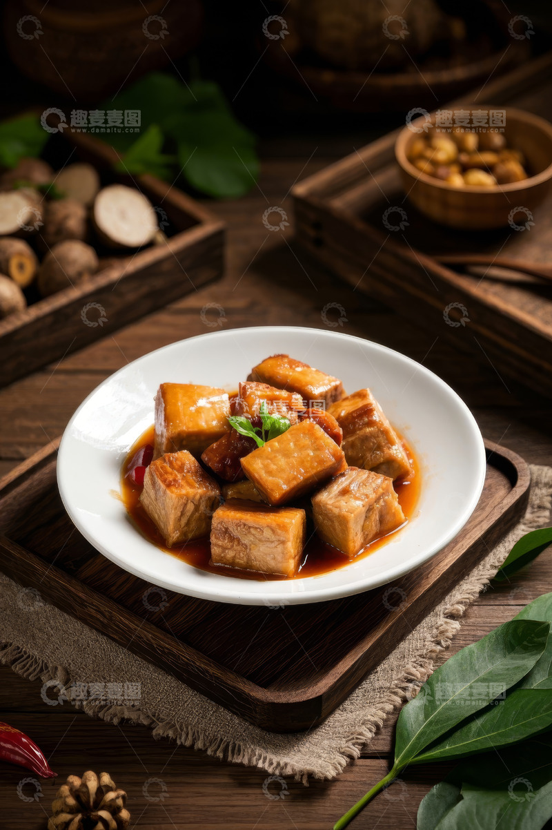 高清大图下载【趣麦麦图】盘中红烧豆腐美食特写