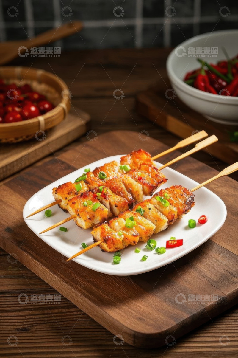 高清大图下载【趣麦麦图】木盘上的美味烤串