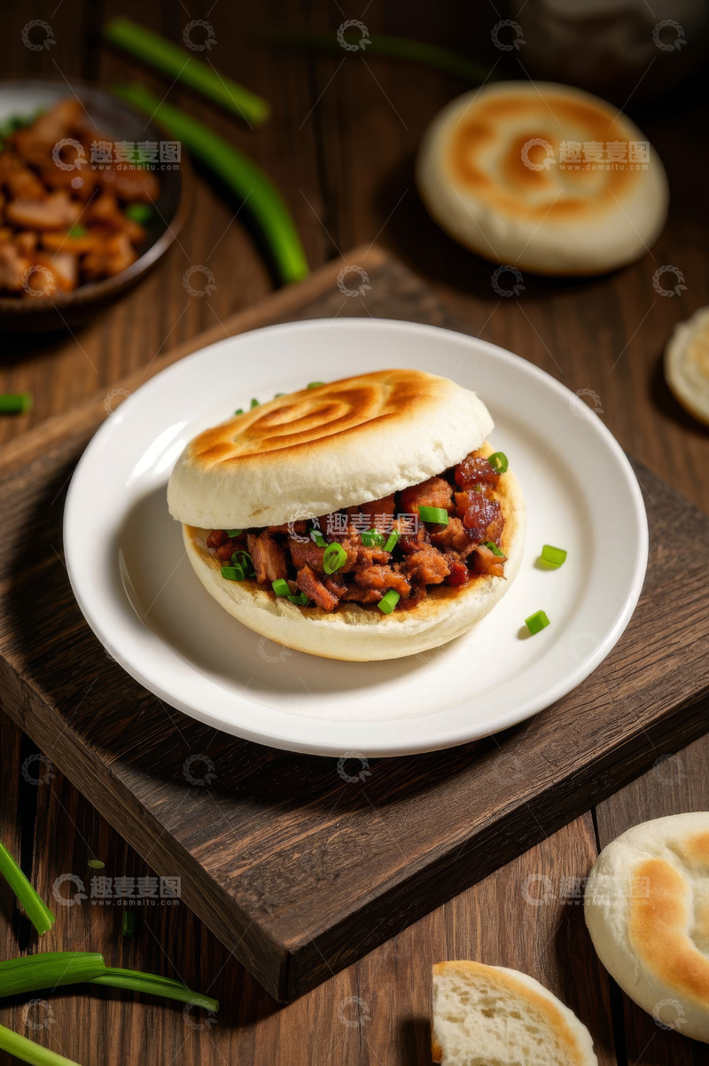 高清大图下载【趣麦麦图】木桌上的肉馅夹馍美食
