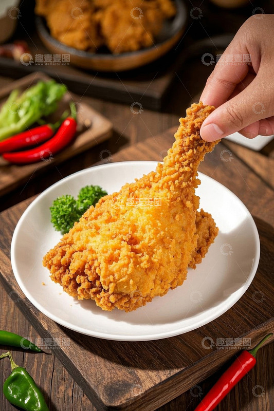 手拿油炸大鸡腿美食画面