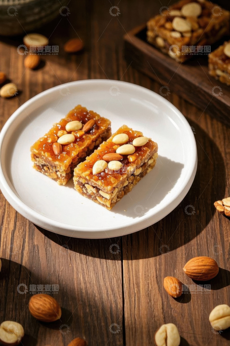 高清大图下载【趣麦麦图】木桌上白色盘中的坚果甜点