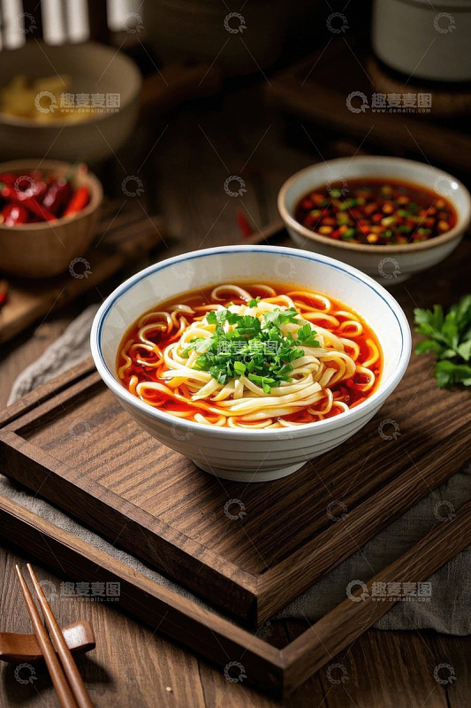 木盘上的一碗红油面条