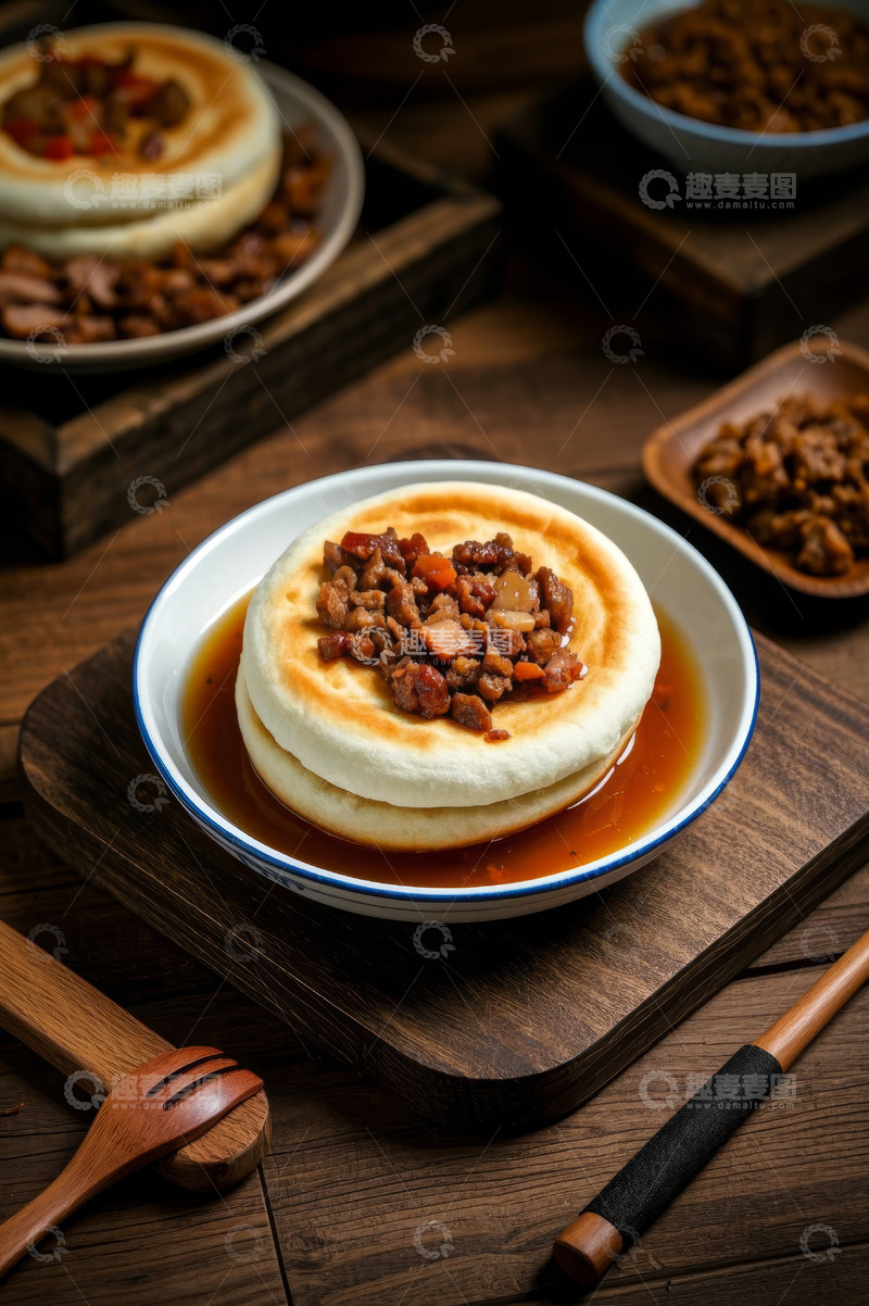 高清大图下载【趣麦麦图】木盘上的肉酱饼美食特写