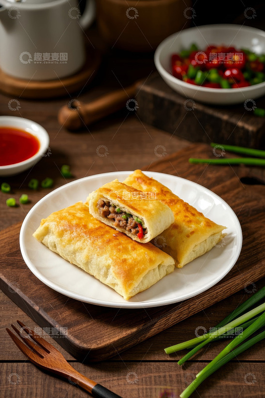 木桌上的肉馅煎饼美食