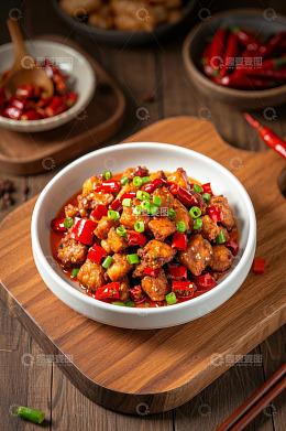 木盘上的香辣炒肉块美食