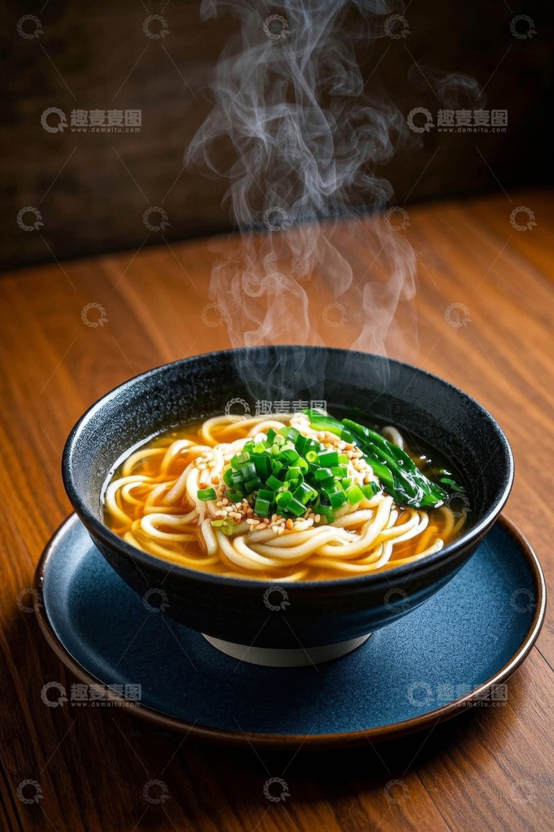 高清大图下载【趣麦麦图】木桌上热气腾腾的葱花面条