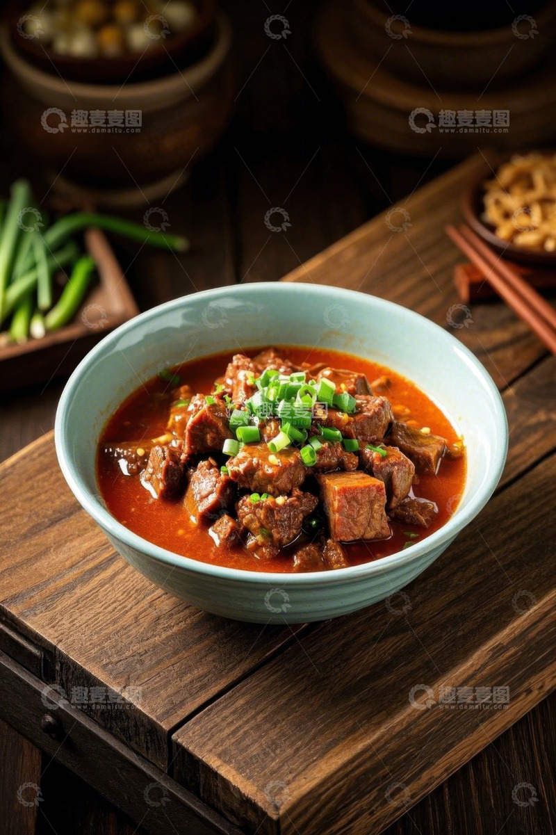 高清大图下载【趣麦麦图】木桌上盛有葱花牛肉的瓷碗