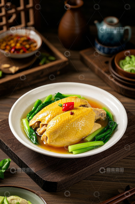 中式菜肴白切鸡配青菜摆盘