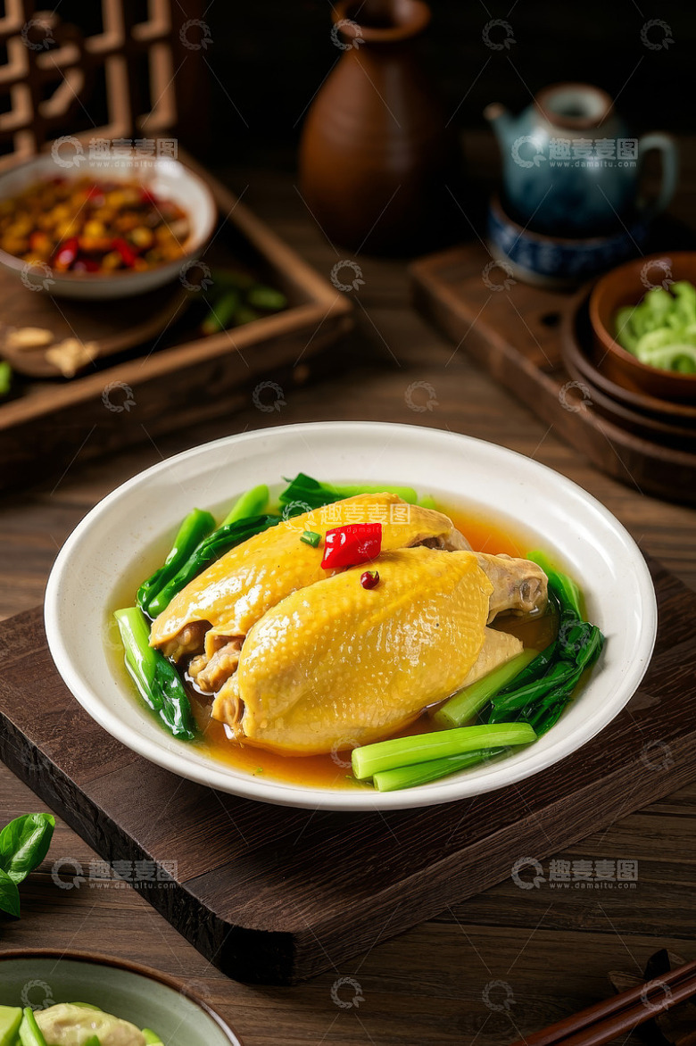 中式菜肴白切鸡配青菜摆盘