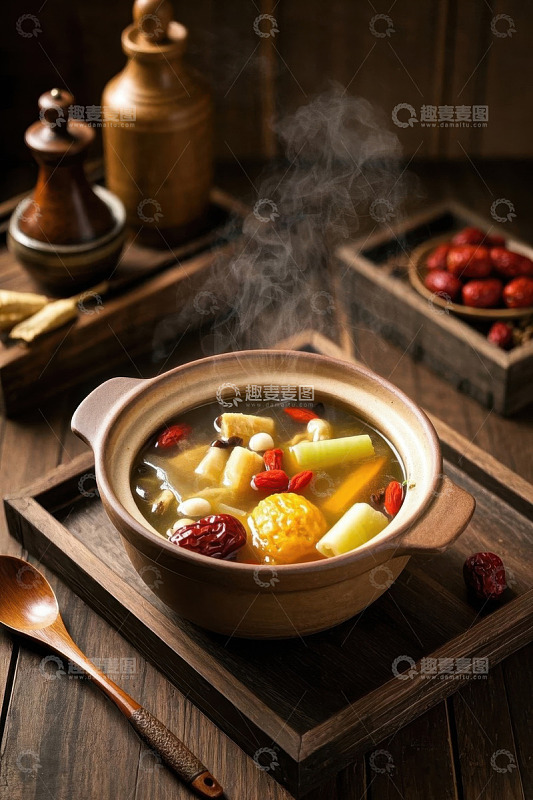热气腾腾的养生食材炖锅