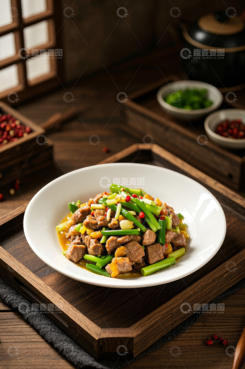 高清大图下载【趣麦麦图】中式木桌摆盘的家常炒菜