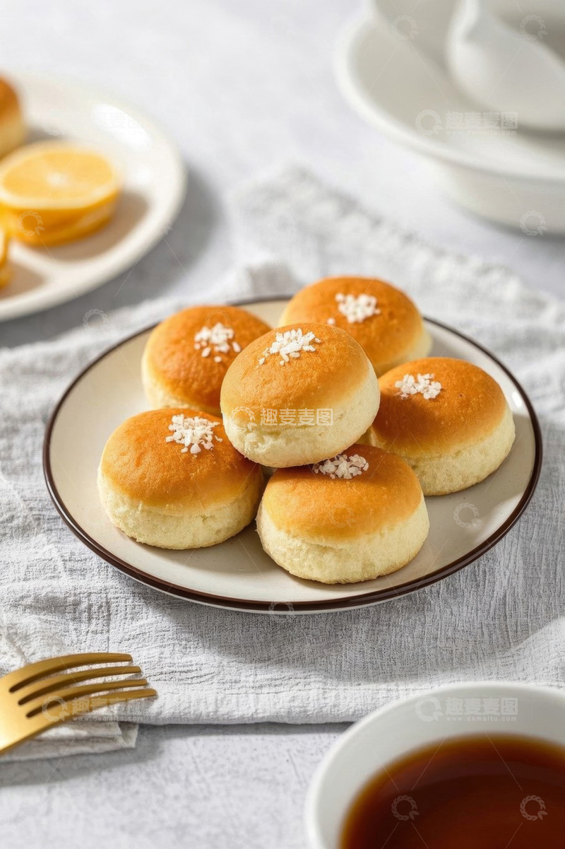 高清大图下载【趣麦麦图】盘中撒椰蓉的小面包静物