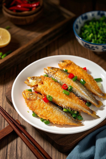 木桌摆盘油炸小鱼配葱花辣椒