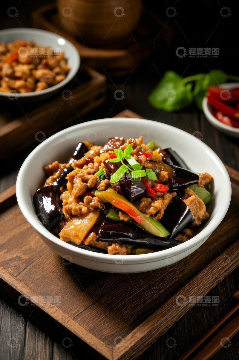高清大图下载【趣麦麦图】木盘上的美味茄子炒肉家常菜