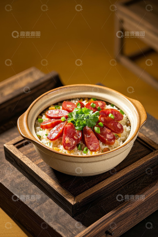 陶制砂锅中的香肠米饭