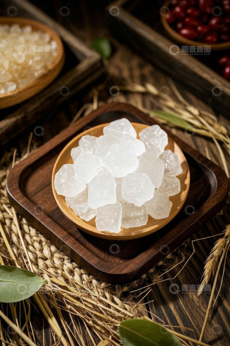 高清大图下载【趣麦麦图】木盘里的白冰糖特写