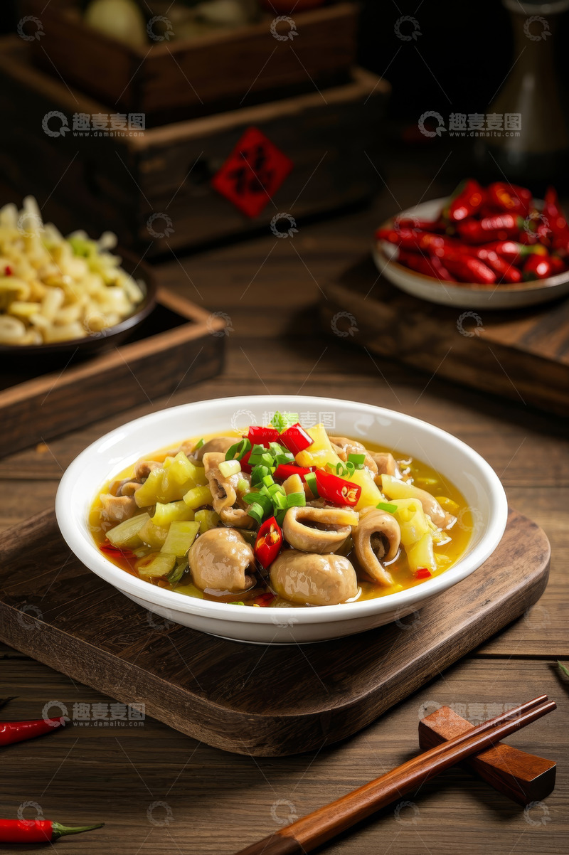 高清大图下载【趣麦麦图】木盘盛酸辣肥肠菜肴