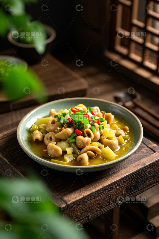 木桌上的家常菜肴肥肠料理