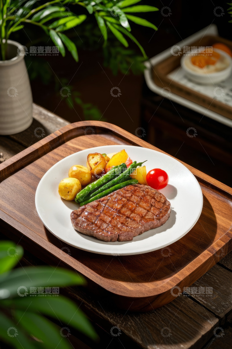 高清大图下载【趣麦麦图】木盘上的牛排配蔬菜美食