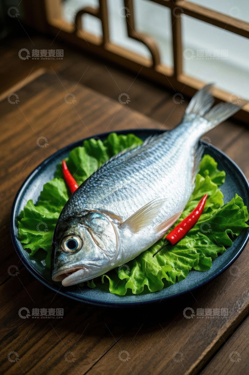 高清大图下载【趣麦麦图】盘中鲜鱼配生菜和辣椒