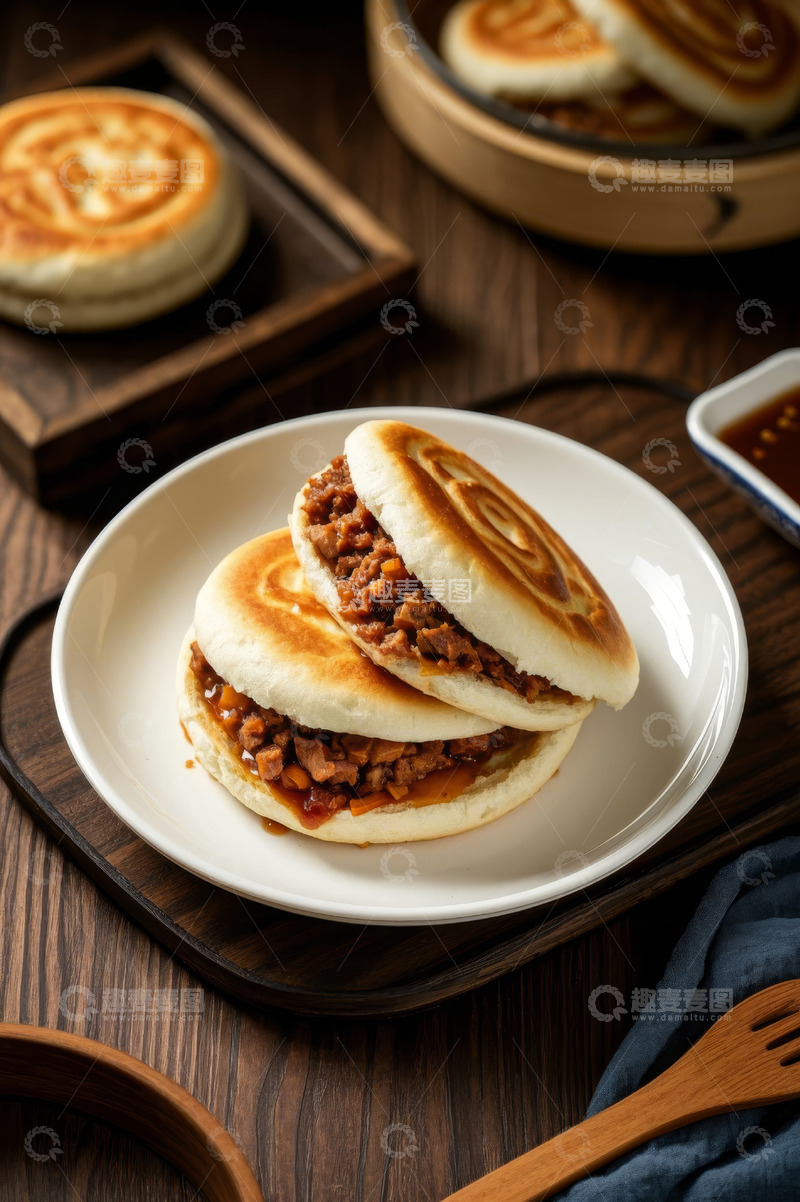 高清大图下载【趣麦麦图】木桌上摆放的肉馅饼美食