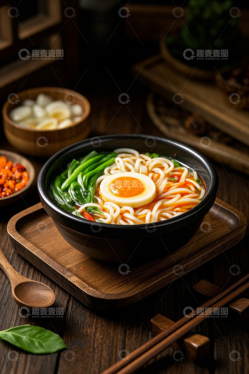 高清大图下载【趣麦麦图】木托盘上的一碗美味面条