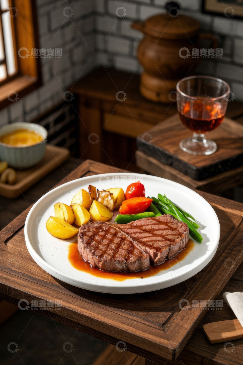 高清大图下载【趣麦麦图】餐桌上的牛排与配菜