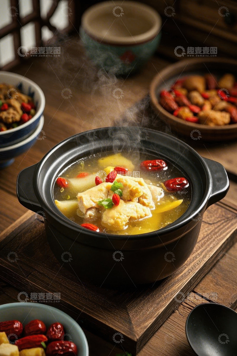 砂锅中炖煮的滋补鸡汤